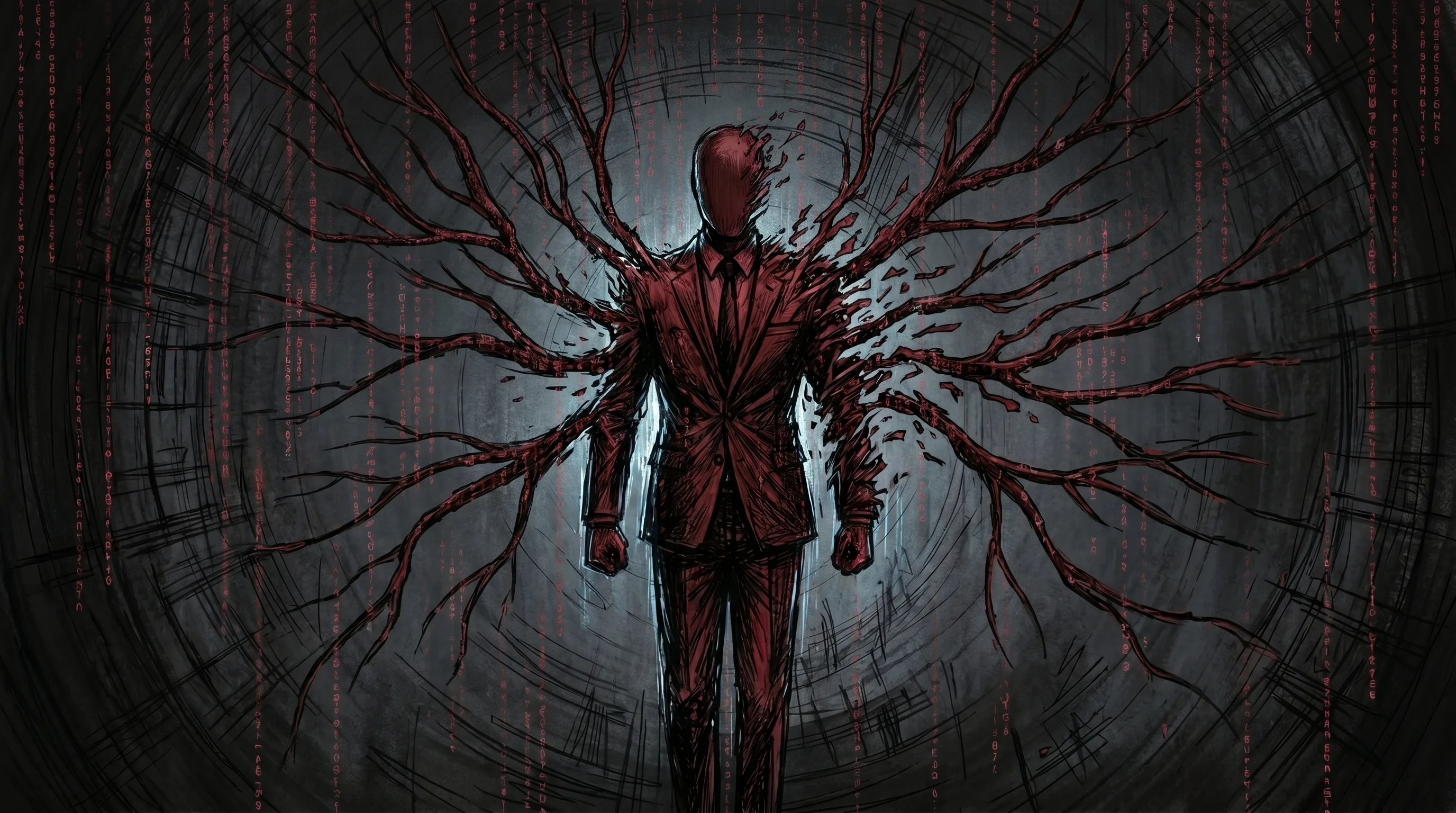 A faceless suited AI agent dissolving into branching crimson code rain streams that fan out like the limbs of a tree, mapping every attack path
