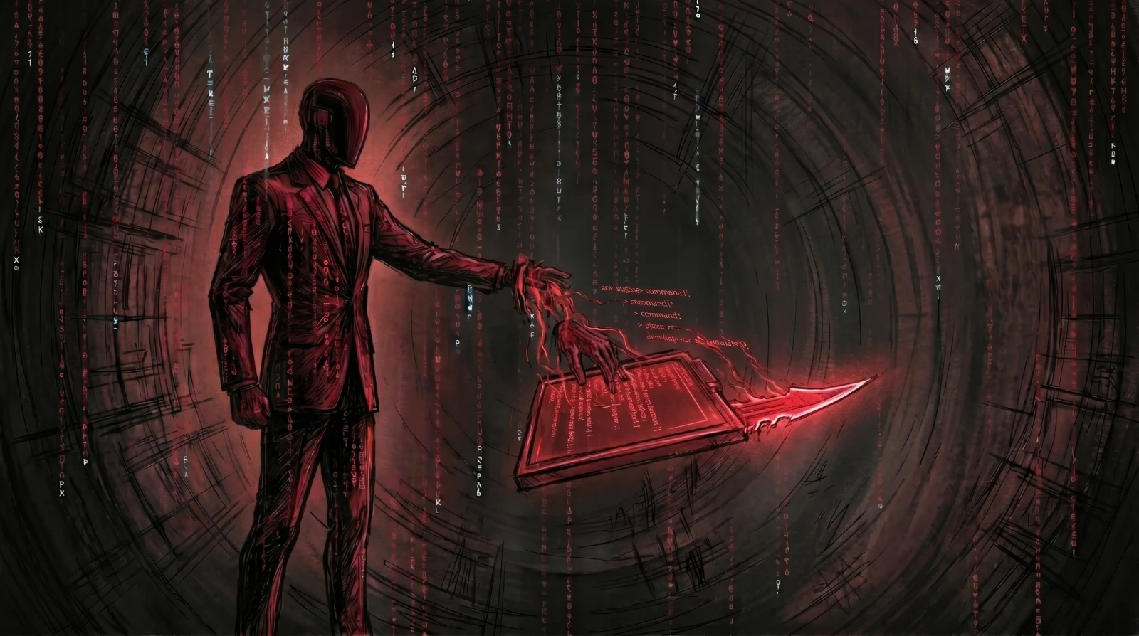 A faceless agent with its hand plunged into a glowing crimson command-line panel, code streaming from its fingers, a blade of light extending from the console
