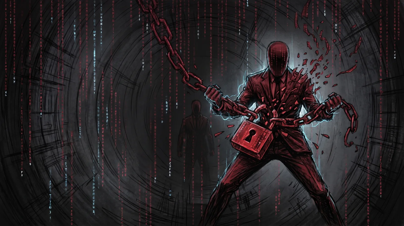 A faceless crimson-suited agent in charcoal and ink, red matrix code rain dissolving a lock, in the Krypteia matrix-agent style.