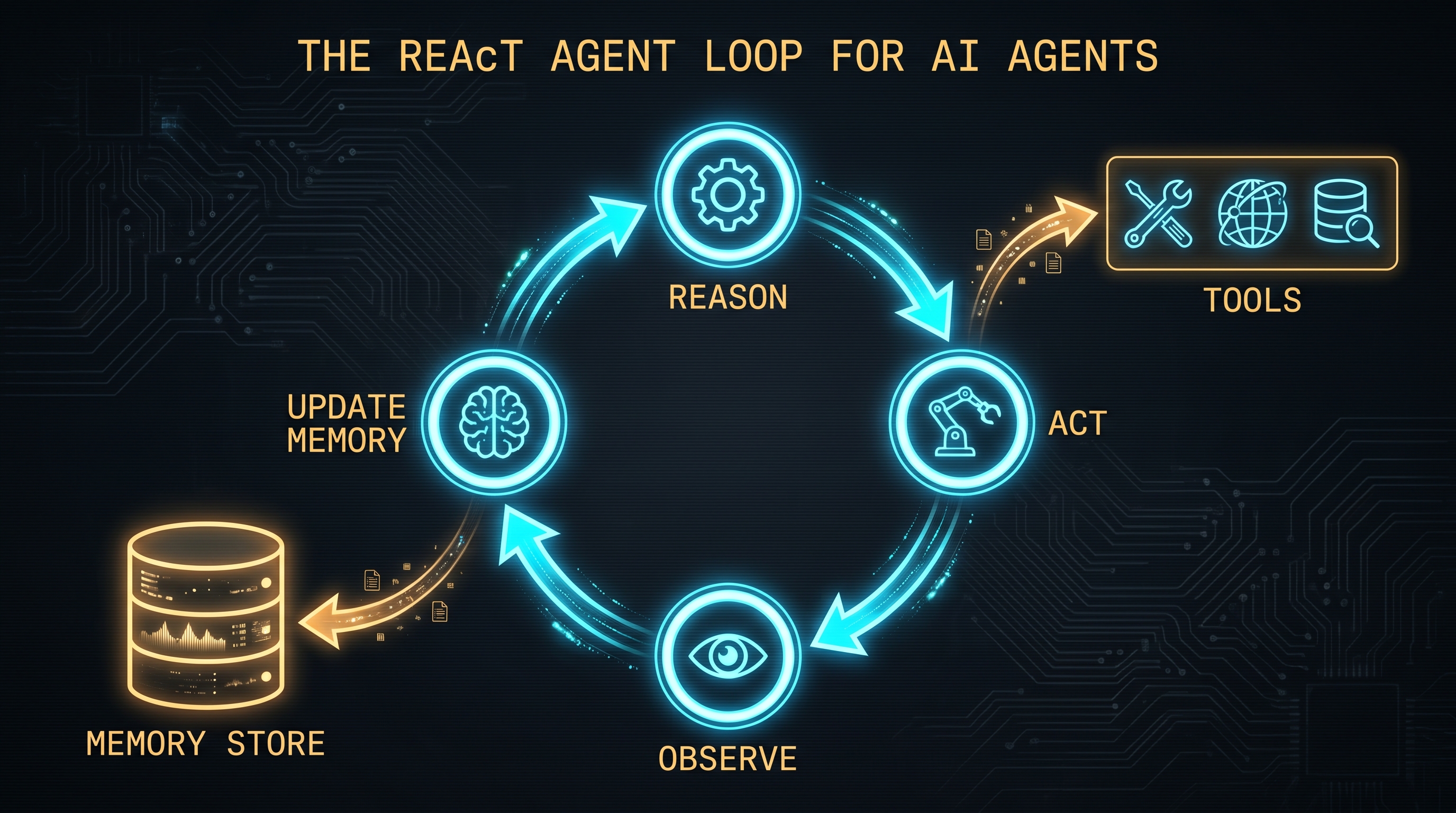 The ReAct agent loop: Reason, Act, Observe, Update Memory cycle with tools and memory branches