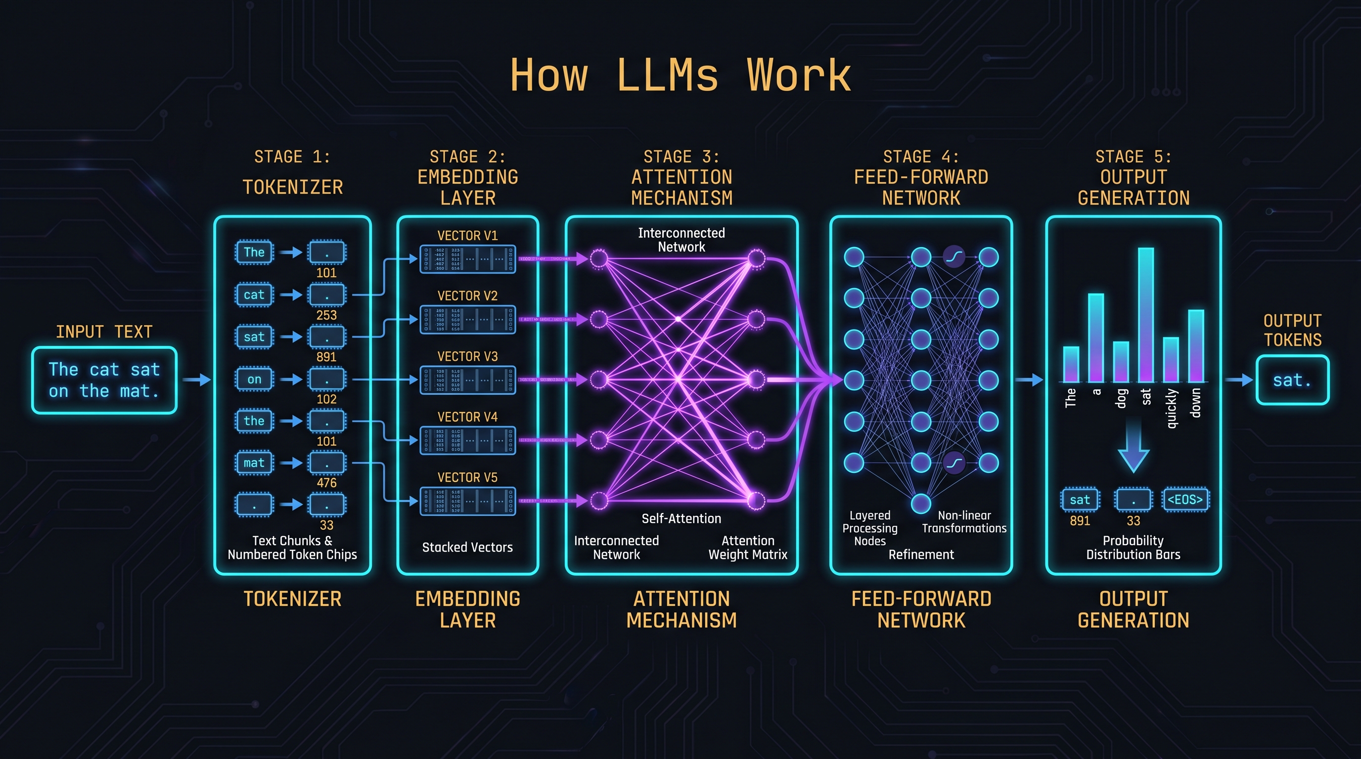 Transformer attention mechanism diagram ; tokens flowing through tokenizer, embedding, attention layers, and context window