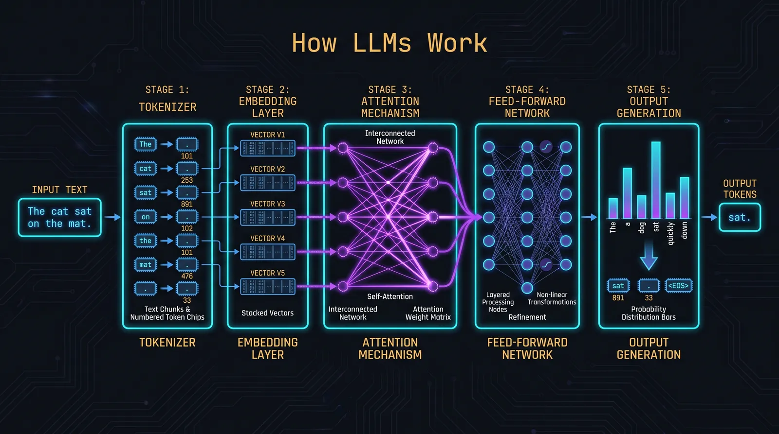Transformer attention mechanism diagram ; tokens flowing through tokenizer, embedding, attention layers, and context window
