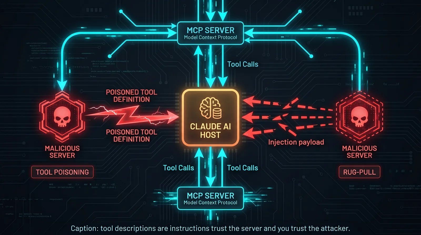 MCP attack surface diagram: Claude AI host connected to legitimate and malicious MCP servers, showing tool description poisoning and rug-pull attack vectors