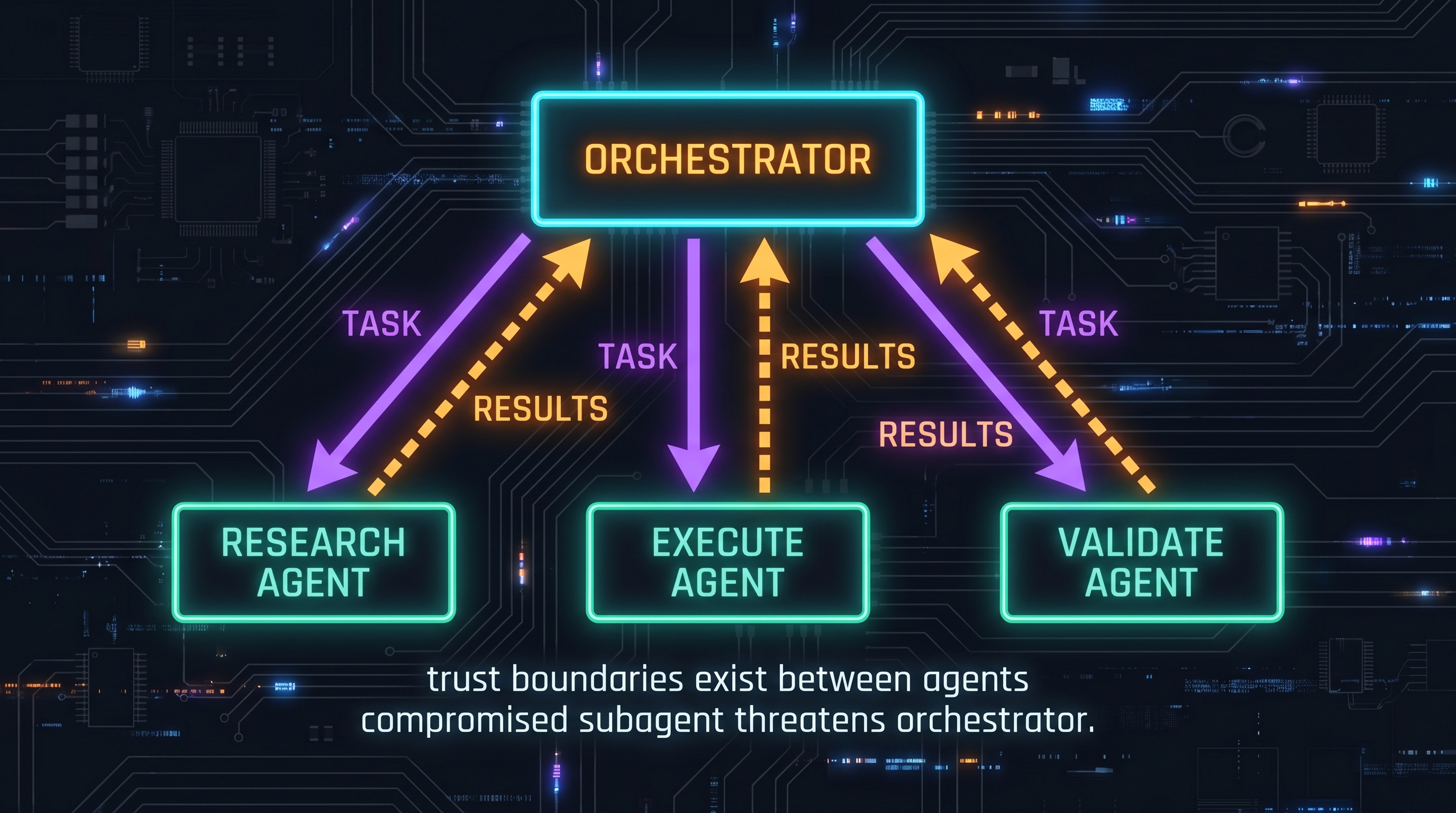Multi-agent orchestration hierarchy: orchestrator delegating to Research, Execute, and Validate specialist agents