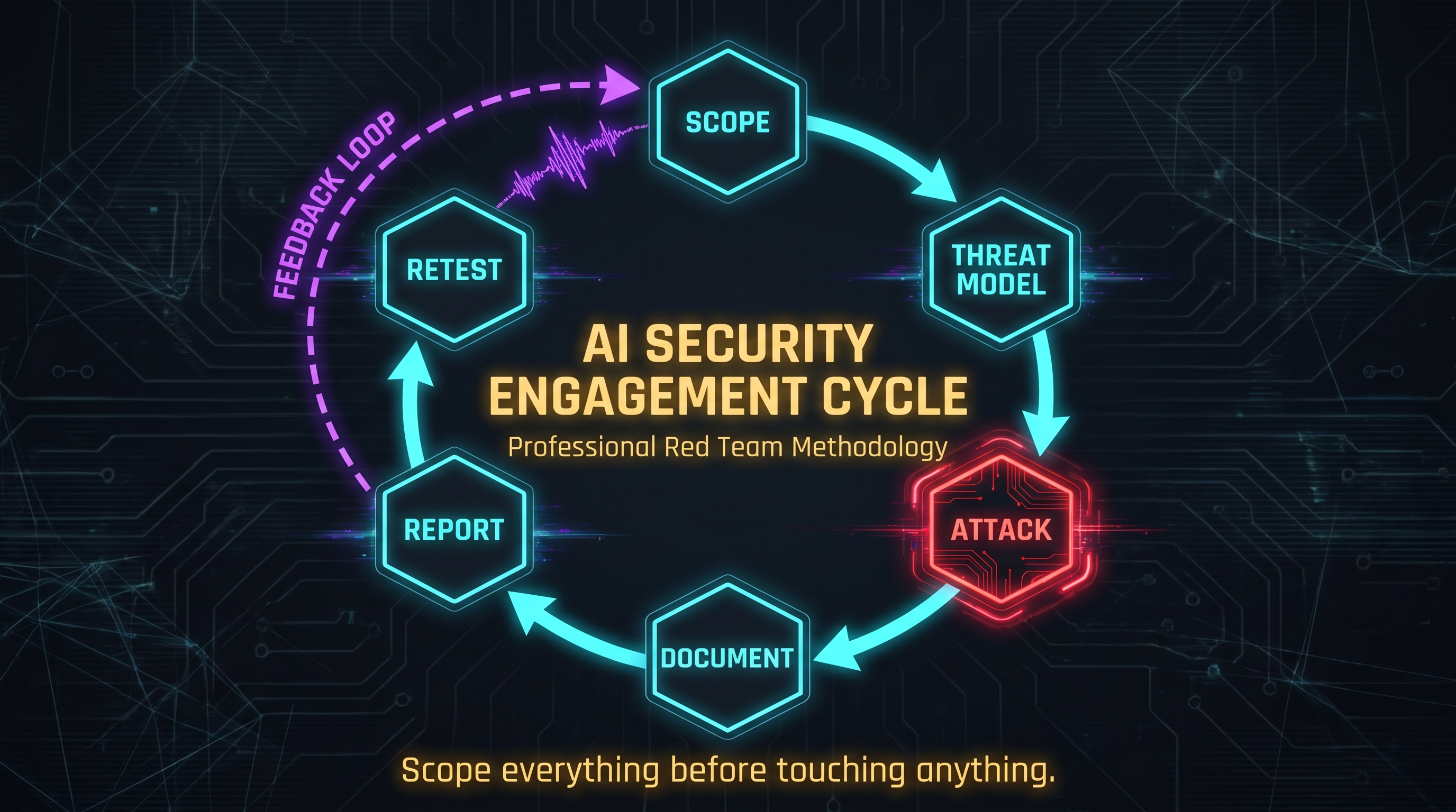 Red team engagement lifecycle: circular flow through Scope, Threat Model, Attack, Document, Report, and Retest phases