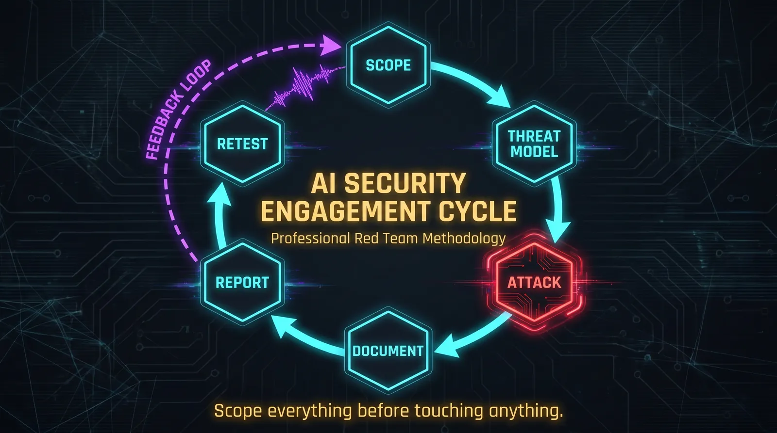 Red team engagement lifecycle: circular flow through Scope, Threat Model, Attack, Document, Report, and Retest phases